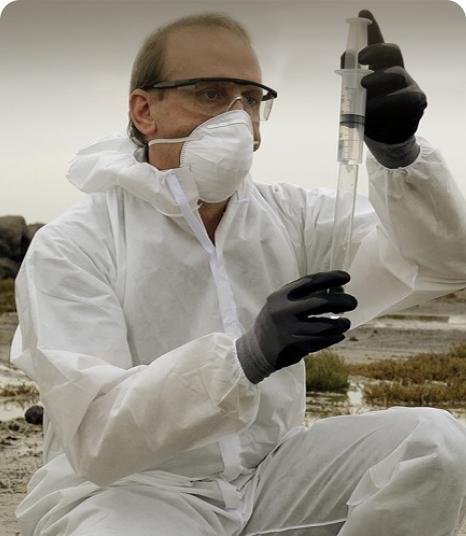 a person in safety attire is collecting a sample